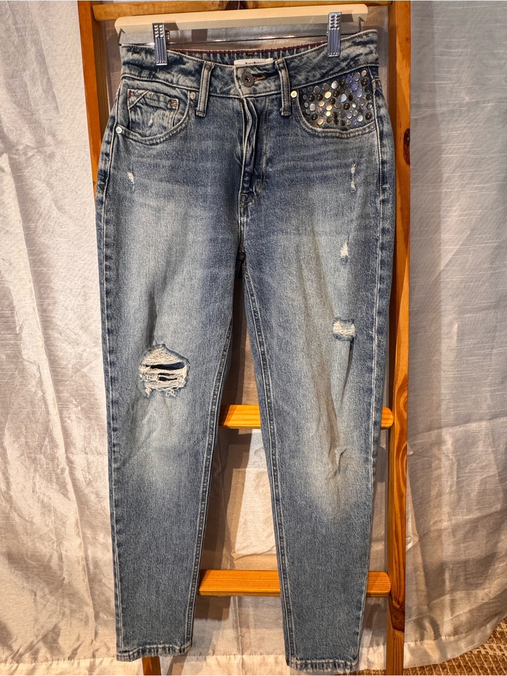 Studded Distressed Light Wash Skinny Jeans